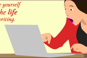 banner image for blog post showing surprised writer pointing at her computer with text, 'Surprise yourself with the life you're writing'