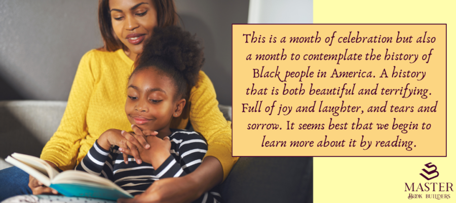 A photo of a Black mother and child reading a book together. A quote about Black History Month books from the post, positioned next to the photo reads, "This is a month of celebration but also a month to contemplate the history of Black people in America. A history that is both beautiful and terrifying. Full of joy and laughter, and tears and sorrow. It seems best that we begin to learn more about it by reading."