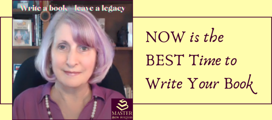 A video capture of Yvonne DiVita, a white woman with silver and purple hair. Superimposed over Yvonne is the text "Write a book, leave a legacy." Text next to the image reads "NOW is the BEST time to write your book."