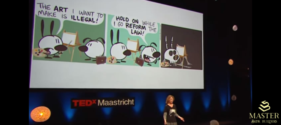 A photo of cartoon artist Nina Paley speaking at TedX Maastricht about her take on copyright law. This image is attached to a post titled "Should we just abolish copyright law?"