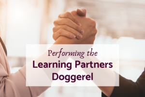 An image of two people clasping hands, as if preparing to arm wrestle. Over the image is the text "Performing the Learning Partners doggerel." This image is attached to a post on the benefits of building fun into your brand statement.