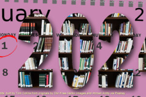 image with January 2024 calendar in the background and bold year 2024 with books on shelves as fill, featured image for blog post 'Literary Calendar 2024: An Indie Publisher's Book Marketing Goldmine' by Tom Collins