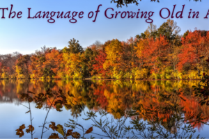 Trees along the edge of a lake radiant with autumn colors. The trees are reflected in the water of the lake. Text on the image reads "The language of growing old in America."