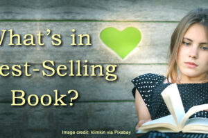 image showing young woman puzzling over a book's pages as featured image for blog post, What's in a Best-Selling Book, by Tom Collins
