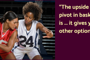 A close-up of an Asian woman and a Black woman playing basketball. Next to the image is a quote from Chip Conley that reads "The upside of a pivot in basketball is ... it gives you other options." This image is attached to the value of pivoting.