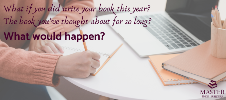 An image of a woman in an apricot-colored sweater, sitting at a table with a laptop and writing in a journal. Text over the image reads "What if you did write your book this year? The one you've thought about for so long? What would happen?" This image is attached to a post titled "What if you did write that book this year?"