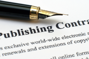 A fountain pen sits on a document labeled "Publishing Contract." This image is attached to a post titled "How do I get a real publisher?"