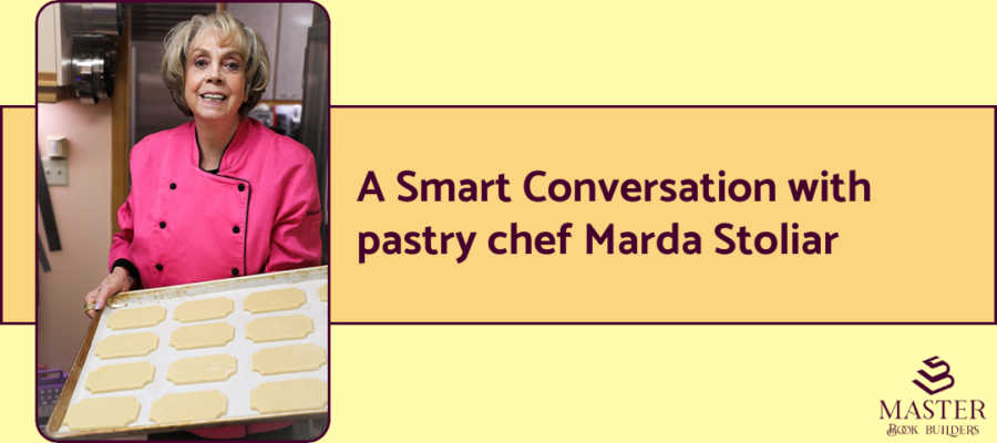 Pastry chef Marda Stoliar holds a baking sheet with unbaked cookies. Text next to the image reads, "A smart conversation with pastry chef Marda Stoliar."