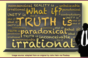 image of chalkboard with words 'what if truth is paradoxical or irrational' as banner image for blog post entitled 'Marginalia: The Power of Paradox and Fiction as Truth' by Tom Collins