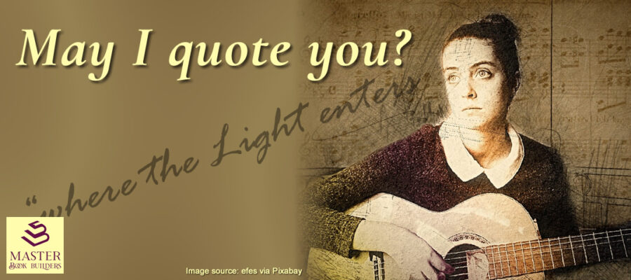 image of woman with guitar against a background of music for blog post, 'May I Quote You?' by Tom Collins
