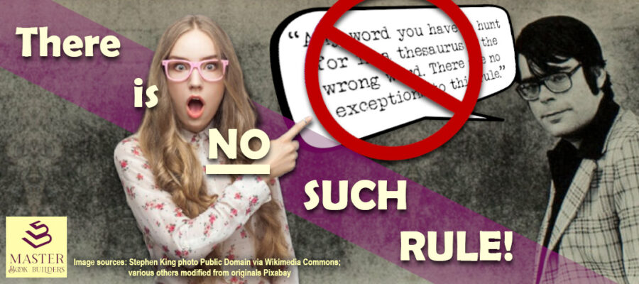featured image showing woman appalled by Stephen King's assertion that writers should never use a thesaurus for blog post entitled, 'No Thesaurus? NO WAY, Stephen King!' by Tom Collins