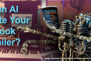 featured image showing AI robot with many arms in a recording studio for blog post, Can AI Create Your Book Trailer?, by Tom Collins