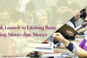 featured image showing author selling books for blog post, From Book Launch to Lifelong Buzz: Marketing Moves that Matter, by Yvonne DiVita