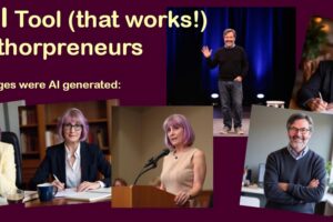 featured image showing AI generated images of Yvonne DiVita and Tom Collins for blog post, One AI Tool (that works!) for Authorpreneurs, by Tom Collins