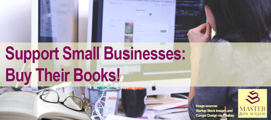 featured image showing woman at desk buying books for blog post, Support Small Businesses: Buy Their Books!, by Tom Collins