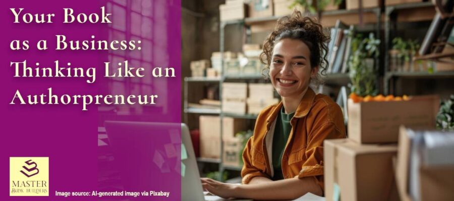 featured image of smiling author at her laptop surrounded by books and shipping boxes for blog post, Your Book as a Business: Thinking Like an Authorpreneur, by Yvonne DiVita