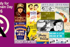 featured image showing montage of books and other art entering the public domain in 2026 for blog post, Get Ready for Public Domain Day 2026, by Tom Collins