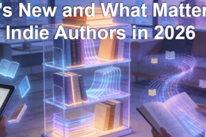 featured image showing books, phone with audiobook, and related imagery for blog post, What's New and What Matters in Indie Publishing for 2026, by Yvonne DiVita