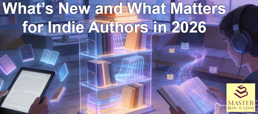 featured image showing books, phone with audiobook, and related imagery for blog post, What's New and What Matters in Indie Publishing for 2026, by Yvonne DiVita