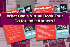 Image showing screenshots of virtual book tour schedule and reviews on Instagram for blog post, What Can a Virtual Book Tour Do for Indie Authors?, by Tom Collins