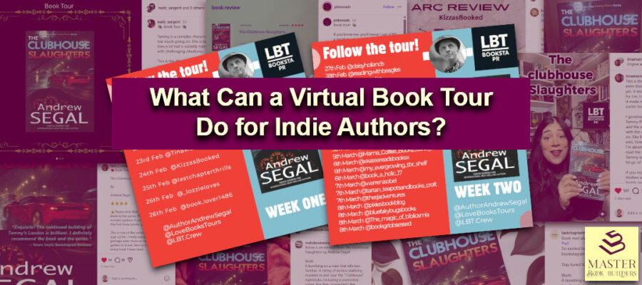 Image showing screenshots of virtual book tour schedule and reviews on Instagram for blog post, What Can a Virtual Book Tour Do for Indie Authors?, by Tom Collins
