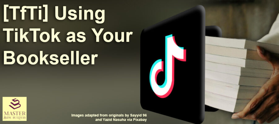 Featured image showing author loading stack of books into doorway with TikTok logo for blog post, Using TikTok as Your Bookseller, by Tom Collins