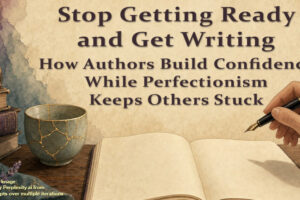 Banner image showing desk scene with author's hand holding pen poised to begin writing for blog post, Stop Getting Ready and Get Writing: How Authors Build Confidence While Perfectionism Keeps Others Stuck, by Tom Collins