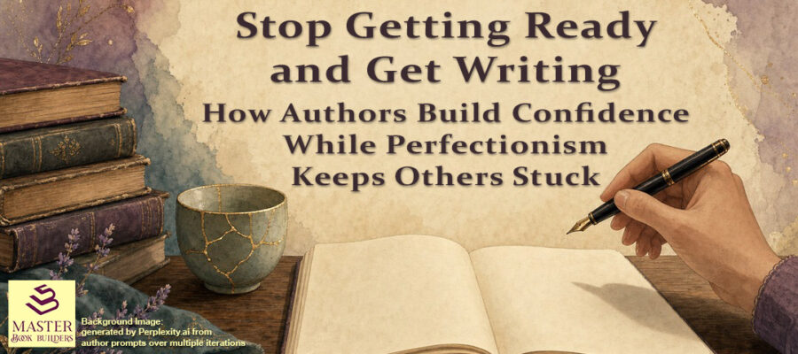 Banner image showing desk scene with author's hand holding pen poised to begin writing for blog post, Stop Getting Ready and Get Writing: How Authors Build Confidence While Perfectionism Keeps Others Stuck, by Tom Collins