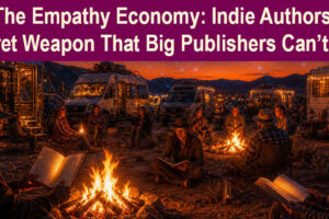 Image showing people reading books around campfires next to RVs for blog post, The Empathy Economy: Indie Authors' Secret Weapon that Big Publishers Can't Buy, by Tom Collins