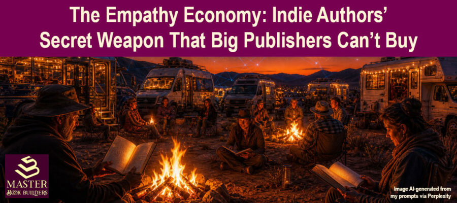 Image showing people reading books around campfires next to RVs for blog post, The Empathy Economy: Indie Authors' Secret Weapon that Big Publishers Can't Buy, by Tom Collins