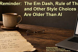 Image showing old writing desk with parchment and quill pen next to new desk with laptop as banner for blog post, 'Reminder: The Em Dash, Rule of Three, and Other Style Choices Are Older than AI,' by Tom Collins