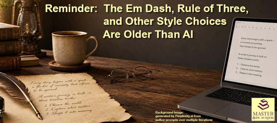 Image showing old writing desk with parchment and quill pen next to new desk with laptop as banner for blog post, 'Reminder: The Em Dash, Rule of Three, and Other Style Choices Are Older than AI,' by Tom Collins