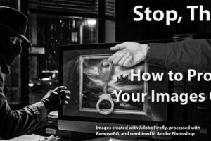 Banner image showing thief approaching a computer monitor with a framed photo and the arm of a policeman holding out handcuffs for blog post, 'Stop, Thief! How to Protect Your Images Online', by Tom Collins