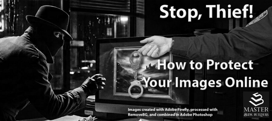 Banner image showing thief approaching a computer monitor with a framed photo and the arm of a policeman holding out handcuffs for blog post, 'Stop, Thief! How to Protect Your Images Online', by Tom Collins