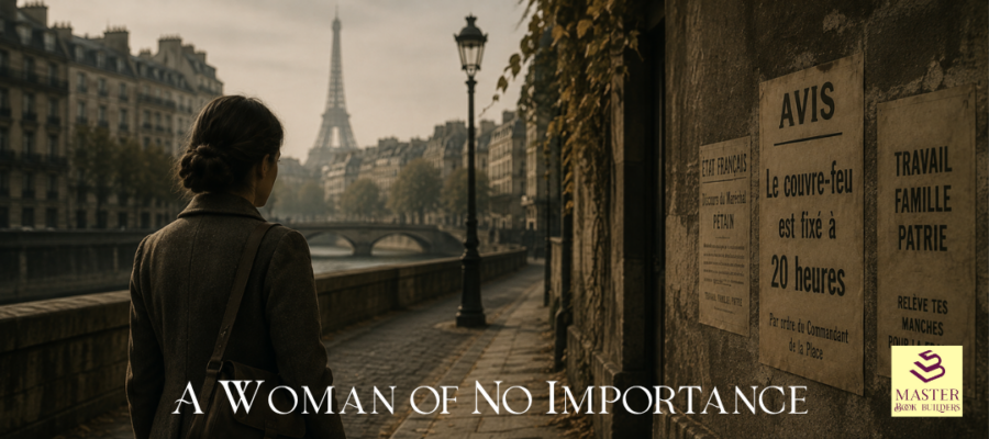 Woman walking along the Seine in occupied Paris during World War II, with the Eiffel Tower in the distance and French wartime notices on a stone wall, representing A Woman of No Importance by Sonia Purnell.