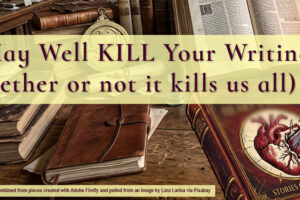 Image of desk with a knife labeled 'AI' stabbing through a book for blog post, 'AI May Well KILL Your Writing (whether or not it kills us all), by Tom Collins