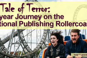 banner image showing terrified rollercoaster riders for blog post. 'True Tale of Terror: A 17-year Journey on the Traditional Publishing Rollercoaster' by Tom Collins