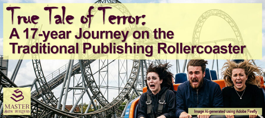 banner image showing terrified rollercoaster riders for blog post. 'True Tale of Terror: A 17-year Journey on the Traditional Publishing Rollercoaster' by Tom Collins