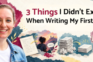 Author portrait alongside illustrations representing showing vs. telling, cutting scenes, and choosing chapter titles.