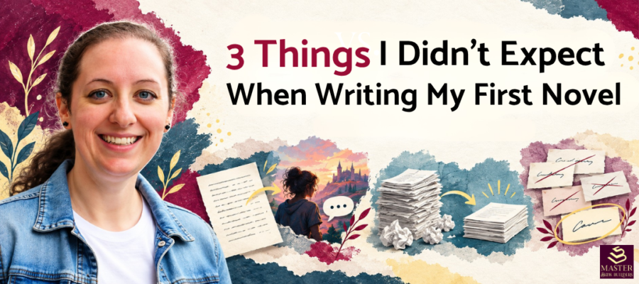 Author portrait alongside illustrations representing showing vs. telling, cutting scenes, and choosing chapter titles.