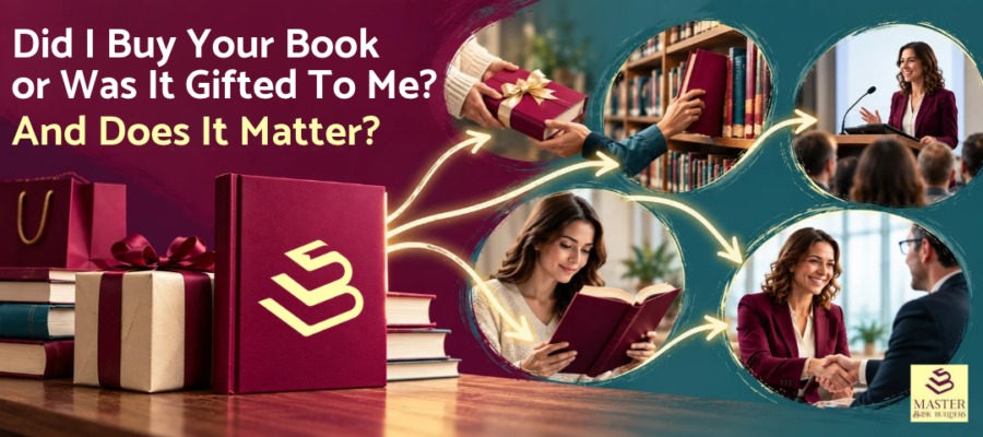 Did I buy your book or was it gifted to me and does it matter? Image of woman at a library